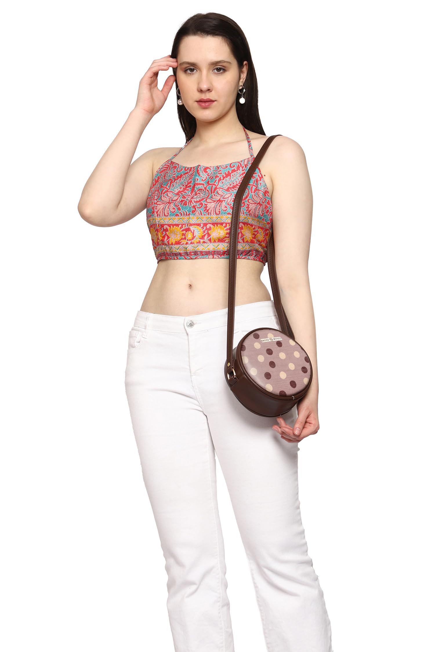 SACCI MUCCI Round Sling Bag, Printed Sling Bag For Girls, Women Sling Bag, Crossbody Bag For Women, gifts for women/Girls, Gift for her - Cute Polka (Brown) - SaumyasStore