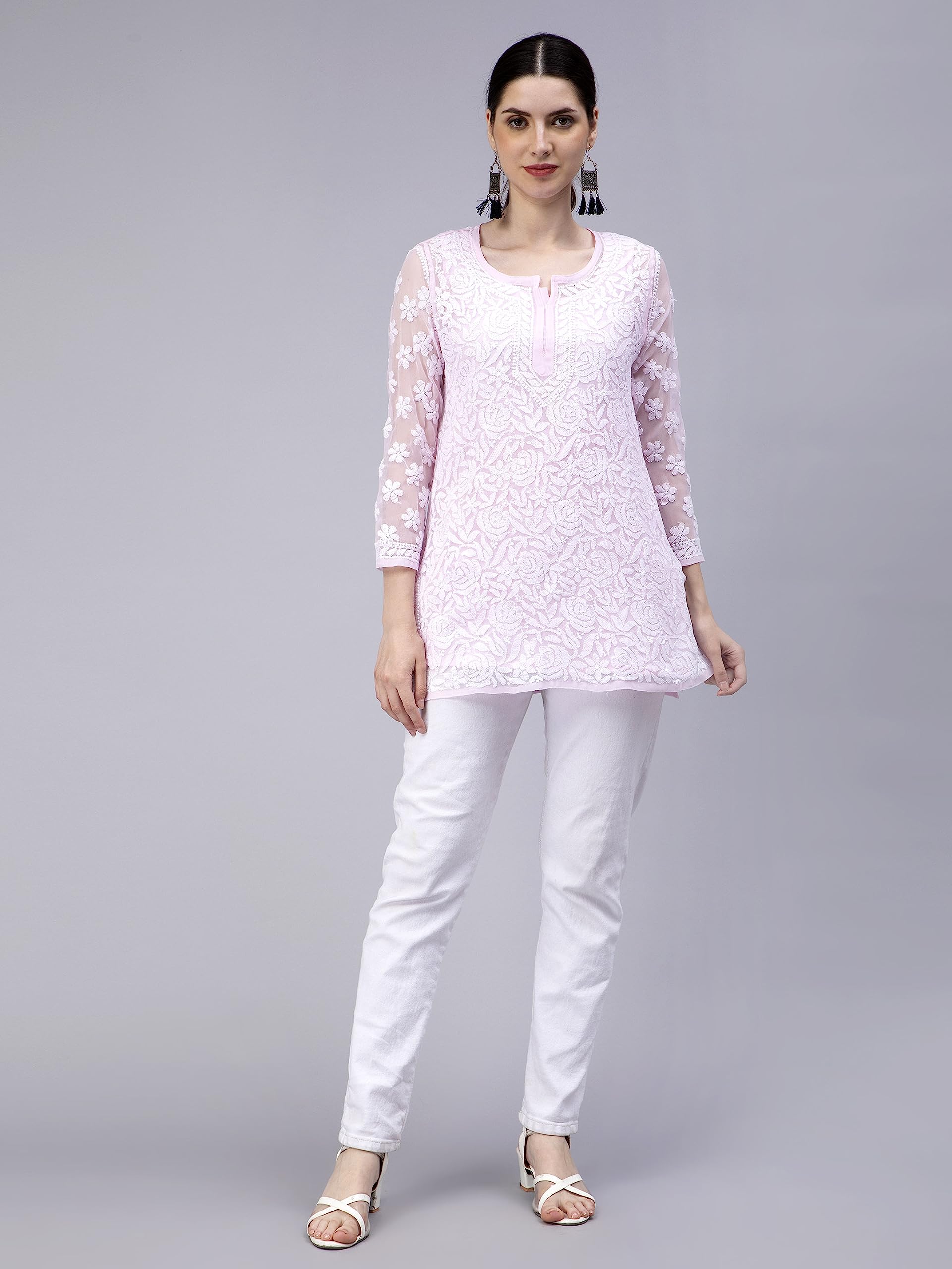 Seva Chikan Hand Embroidered Lucknowi Chikankari Pink Georgette Women Short Top & Tunic (Pink) - SaumyasStore