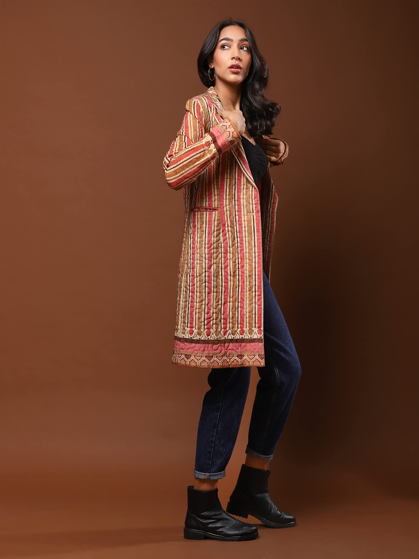 Aarke Ritu Kumar Brown Striped Trench Coat - SaumyasStore