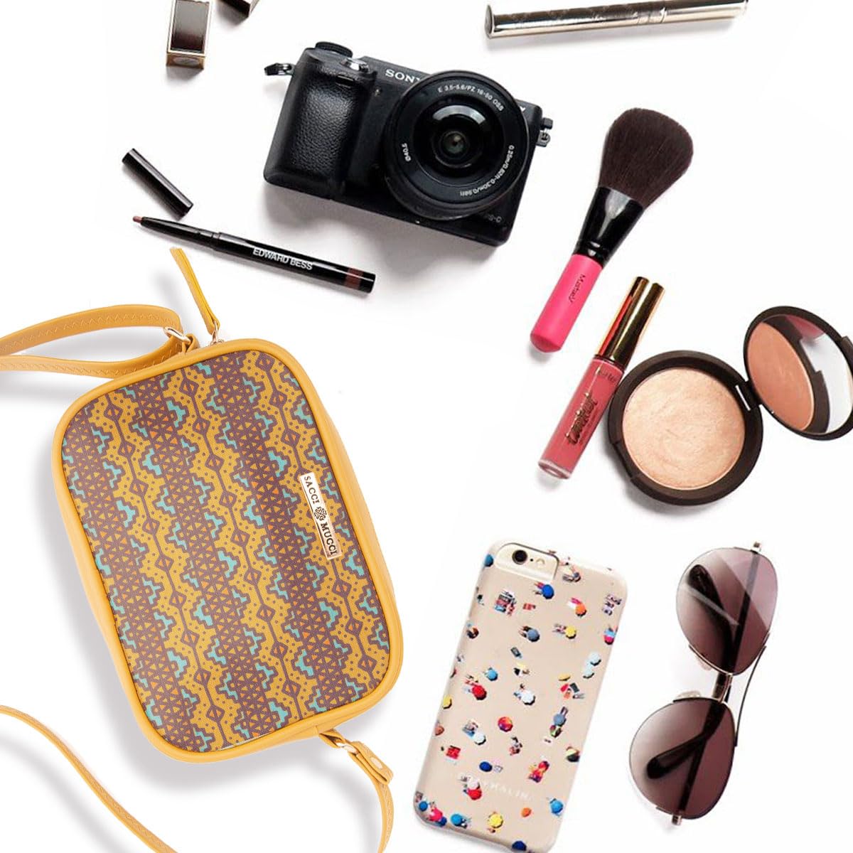 SACCI MUCCI Stylish Box Sling Bag for girls | Side Purse for Women Stylish Latest | Cross Body Sling Box Bags for Girls -EthnicTraditional Print (Mustard) - SaumyasStore