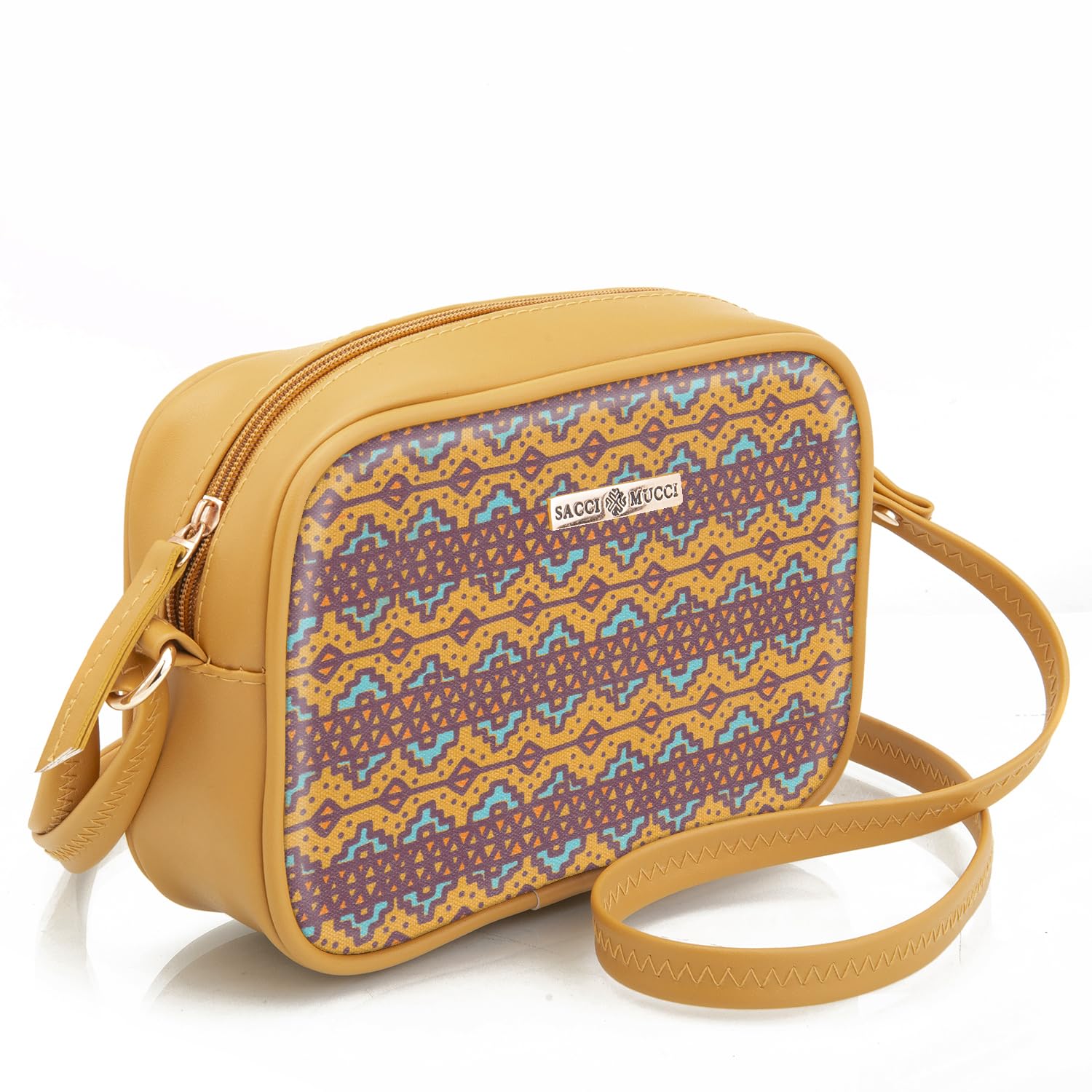 SACCI MUCCI Stylish Box Sling Bag for girls | Side Purse for Women Stylish Latest | Cross Body Sling Box Bags for Girls -EthnicTraditional Print (Mustard) - SaumyasStore