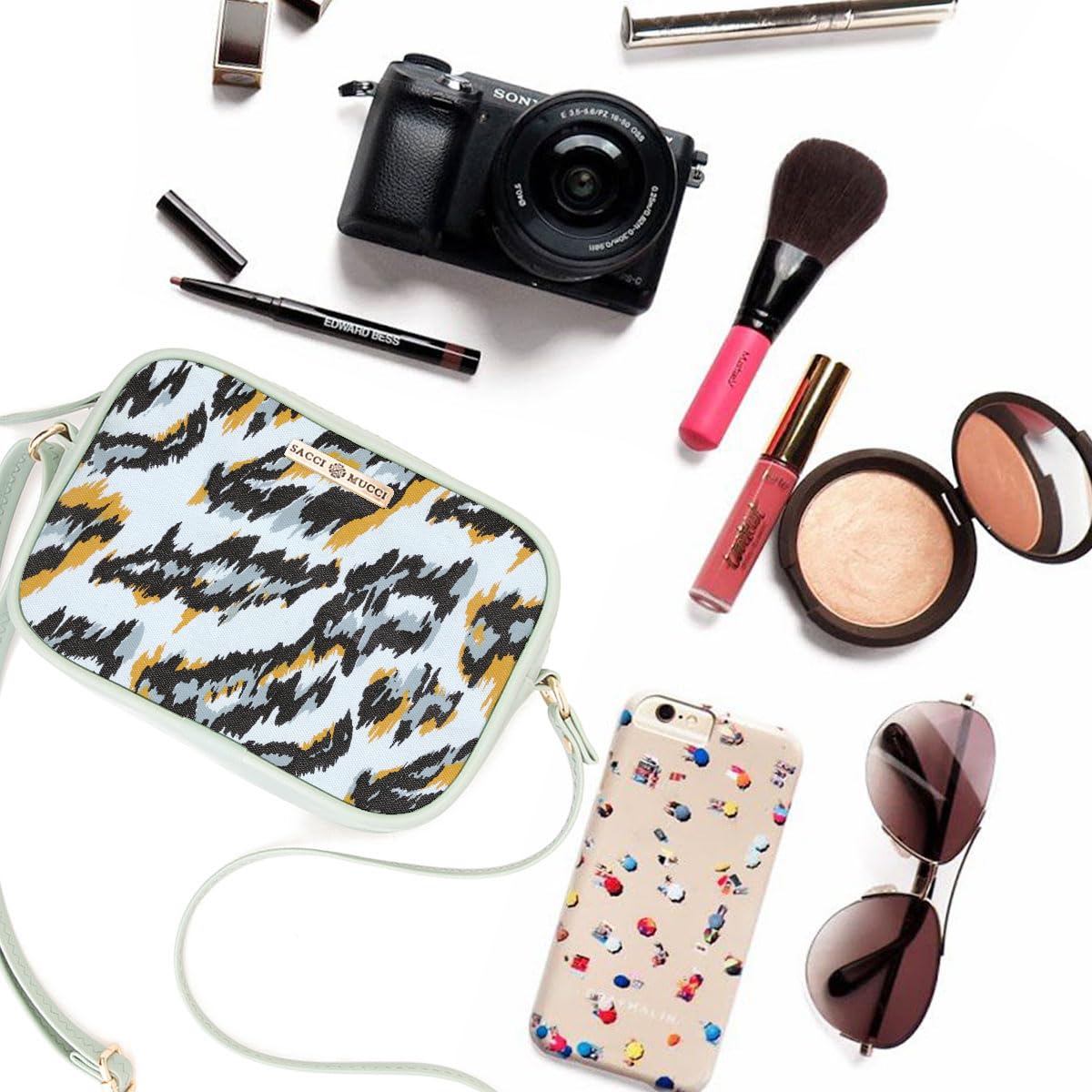 SACCI MUCCI Bags - Sling Crossbody Bag for Girls and Women | Zip Closure, Adjustable Straps - African Leopard (Mint Green) - SaumyasStore