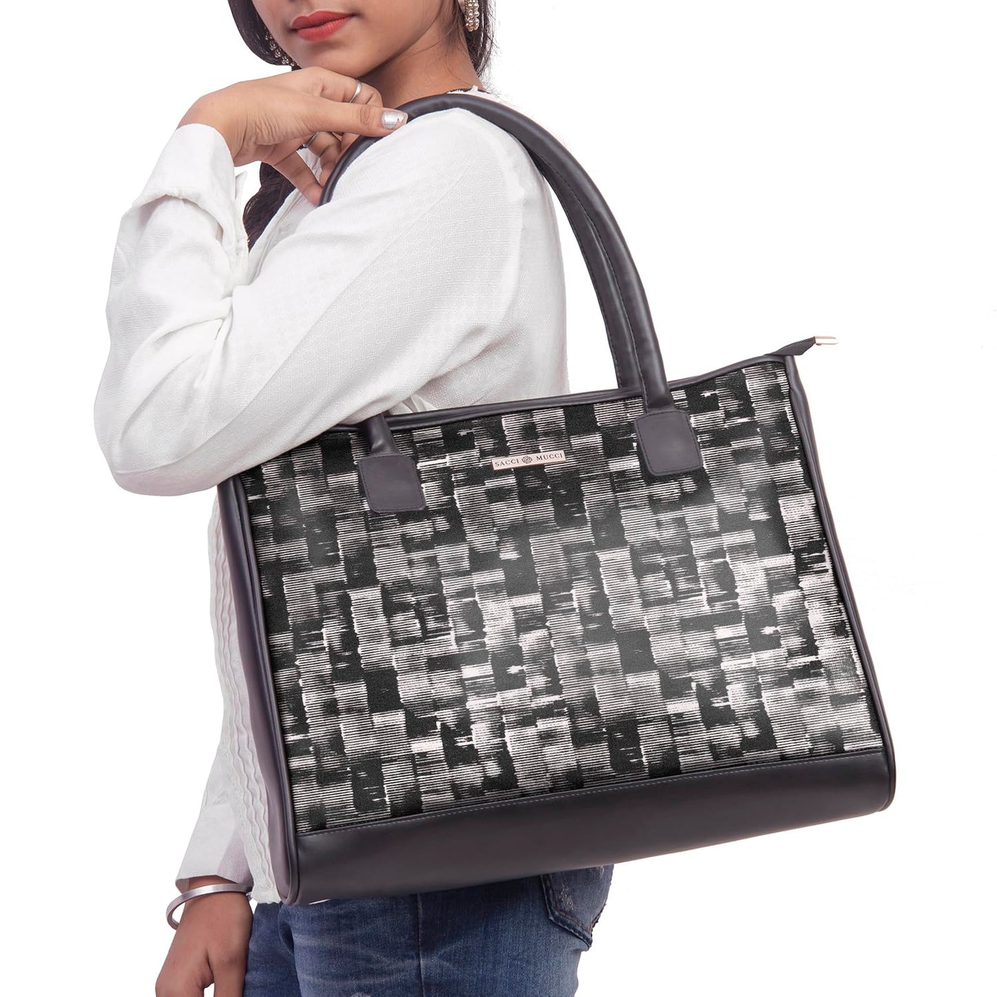 SACCI MUCCI Women's Tote Bag | Tote Bags For Women with Padded Laptop Compartment | Big Shoulder Bag for Office- Irregular Stripes Tie Dye (Black) - SaumyasStore