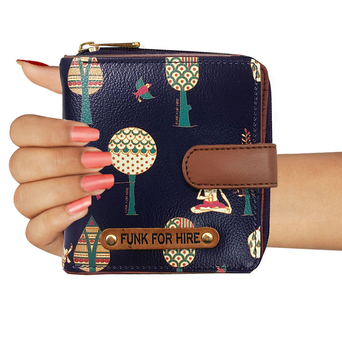 Funk For Hire Women Printed Dark Navy Blue Vegan Leather Square Wallet - SaumyasStore