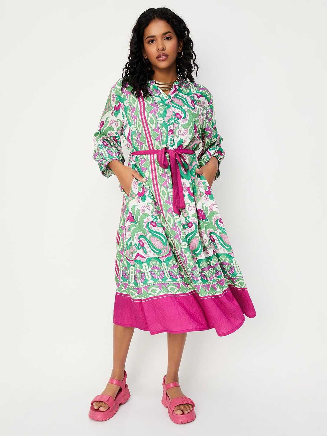 Max Women's Polyester Classic Below The Knee Dress (MDDRS34031MULTI_Multi Multicolour - SaumyasStore