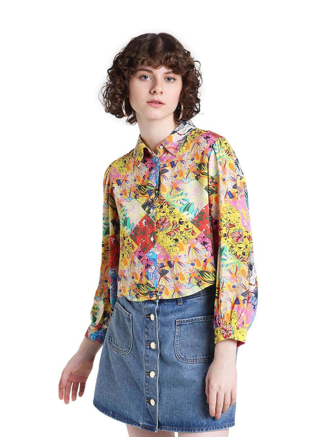 ONLY Women's Floral Relaxed Fit Shirt (15334388- Lemon - SaumyasStore