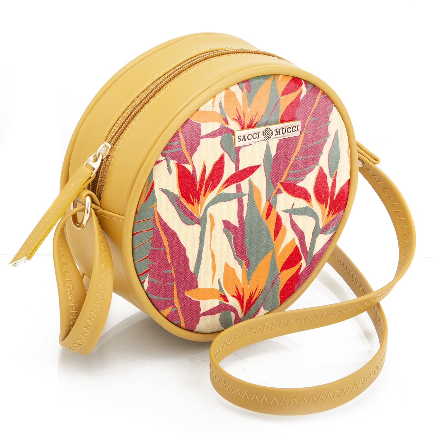 SACCI MUCCI Round Sling Crossbody Bag for Girls and Women | Vegan leather, Stylish, Sturdy, Zip closure with Adjustable Straps - Exotic Jungle (Mustard) - SaumyasStore