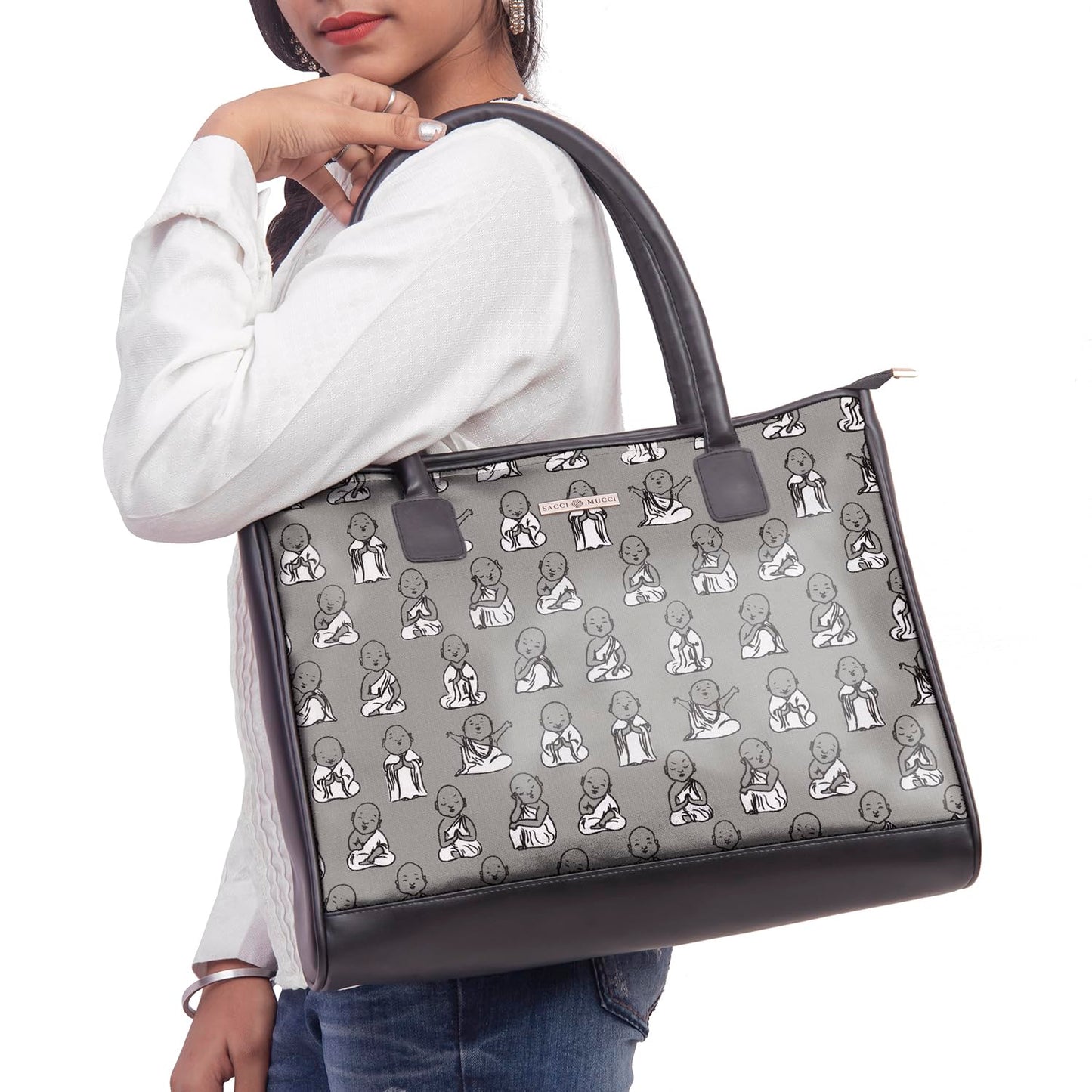 SACCI MUCCI Women's Tote Bag | Tote Bags For Women with Padded Laptop Compartment | Big Shoulder Bag for Office- Cute Monk Design Print (Black) - SaumyasStore