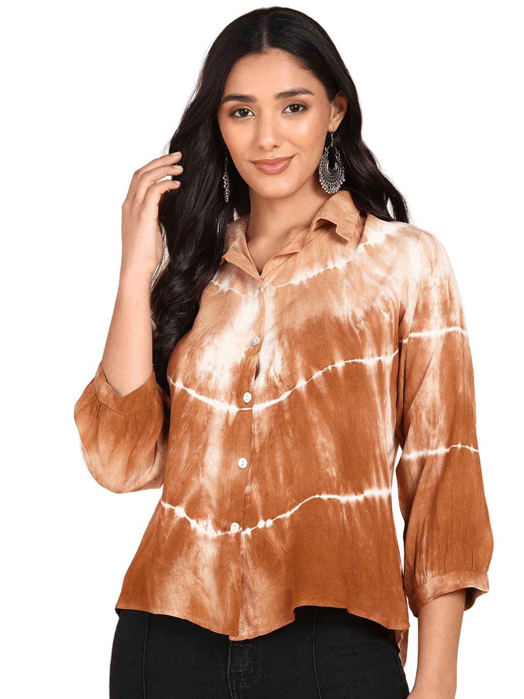 Maaesa Hand Done Shibori Dyed Rayon Shirts for Women (Mustard) - SaumyasStore