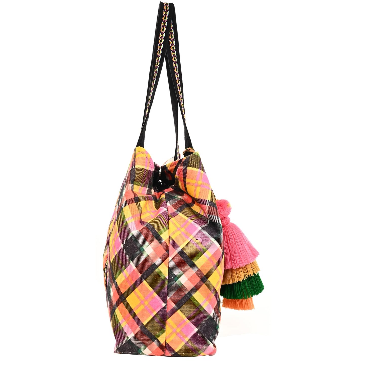 Boho Girl Cheetah Embellished Checkered Tote | Shoulder Bag with Inner Zip Pocket - Jacquard Handbag for Travel and Any Occassion - SaumyasStore