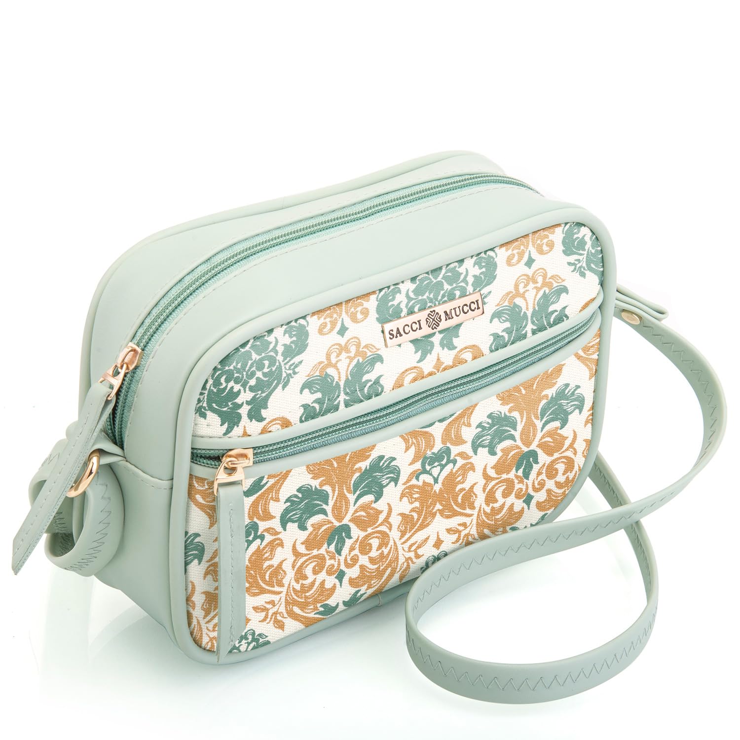 Saaci Mucci Handmade Vegan Leather Women's Sling Cross-Body Bags With Adjustable Shoulder Strap - Damask (Mint Green) - SaumyasStore