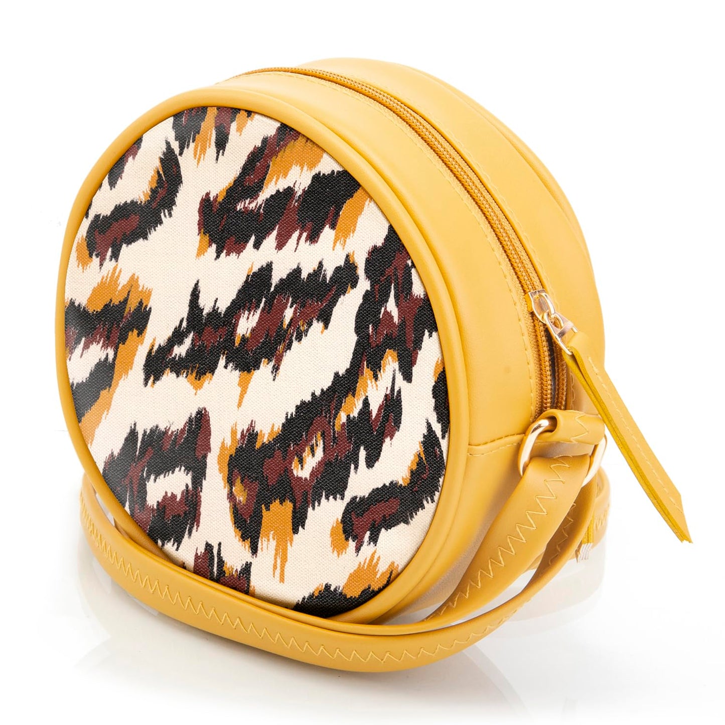 SACCI MUCCI Printed Women's Round Sling crossbody bag Handcrafted Vegan Leather Round Sling Bag | Latest Stylish Shoulder Bag - African Leopard (Mustard) - SaumyasStore