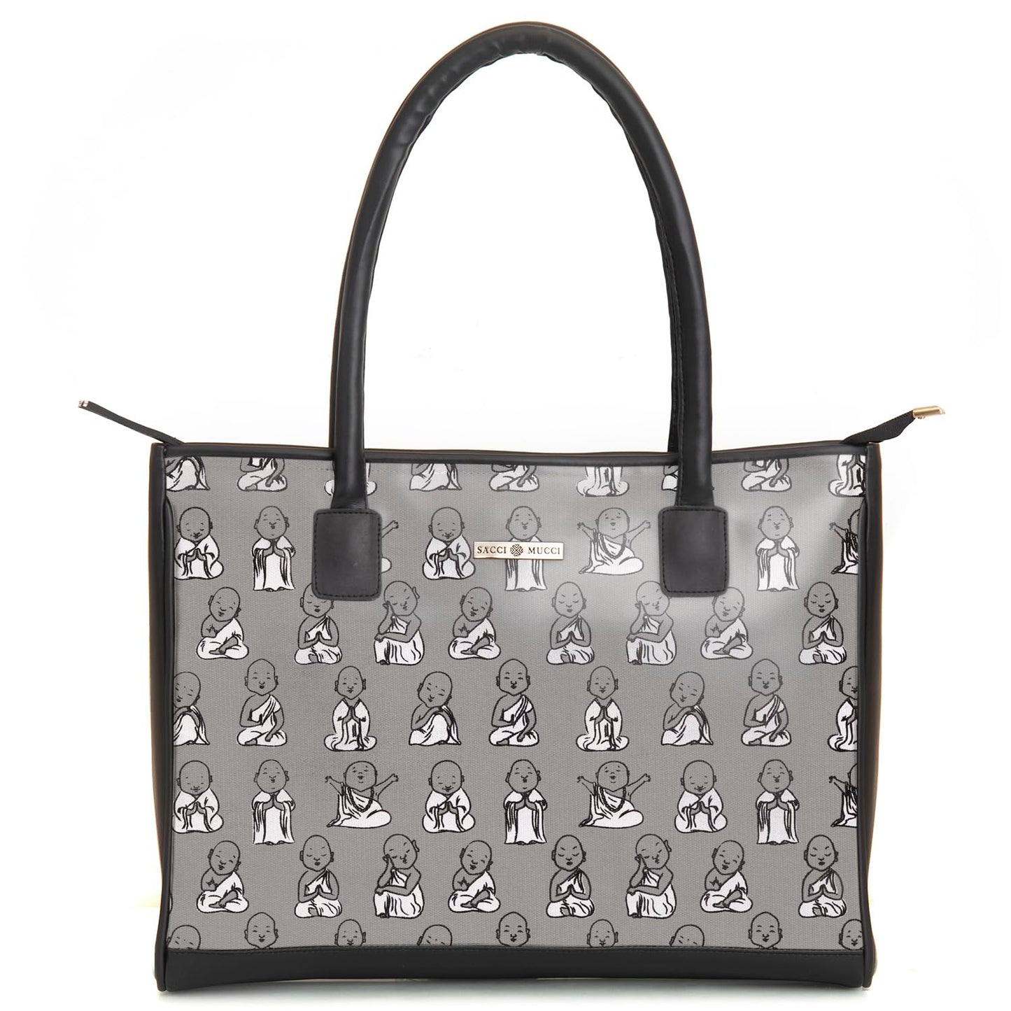 SACCI MUCCI Women's Tote Bag | Tote Bags For Women with Padded Laptop Compartment | Big Shoulder Bag for Office- Cute Monk Design Print (Black) - SaumyasStore