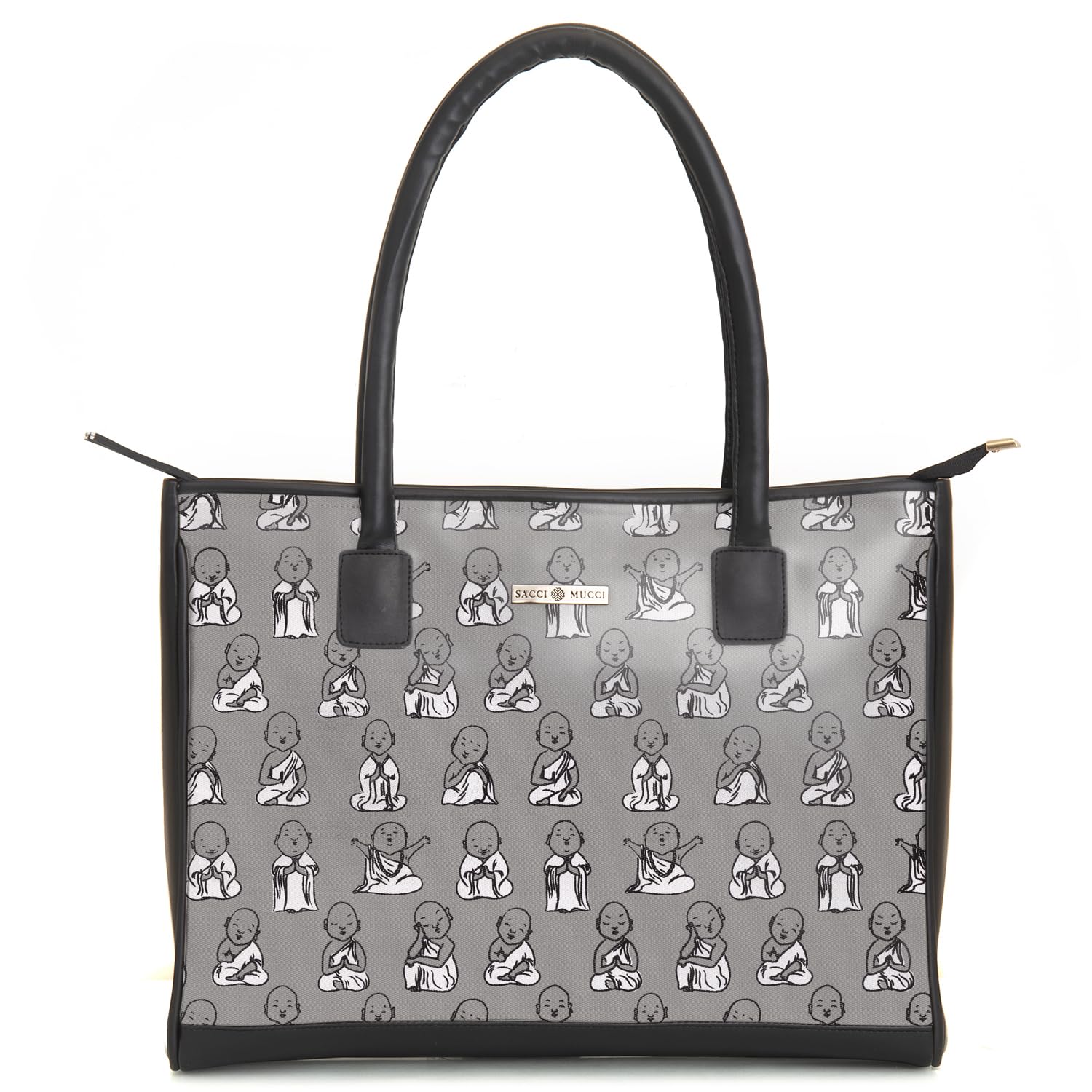 SACCI MUCCI Women's Tote Bag | Tote Bags For Women with Padded Laptop Compartment | Big Shoulder Bag for Office- Cute Monk Design Print (Black) - SaumyasStore