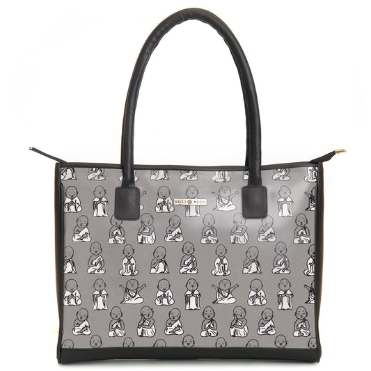 SACCI MUCCI Women's Tote Bag | Tote Bags For Women with Padded Laptop Compartment | Big Shoulder Bag for Office- Cute Monk Design Print (Black) - SaumyasStore