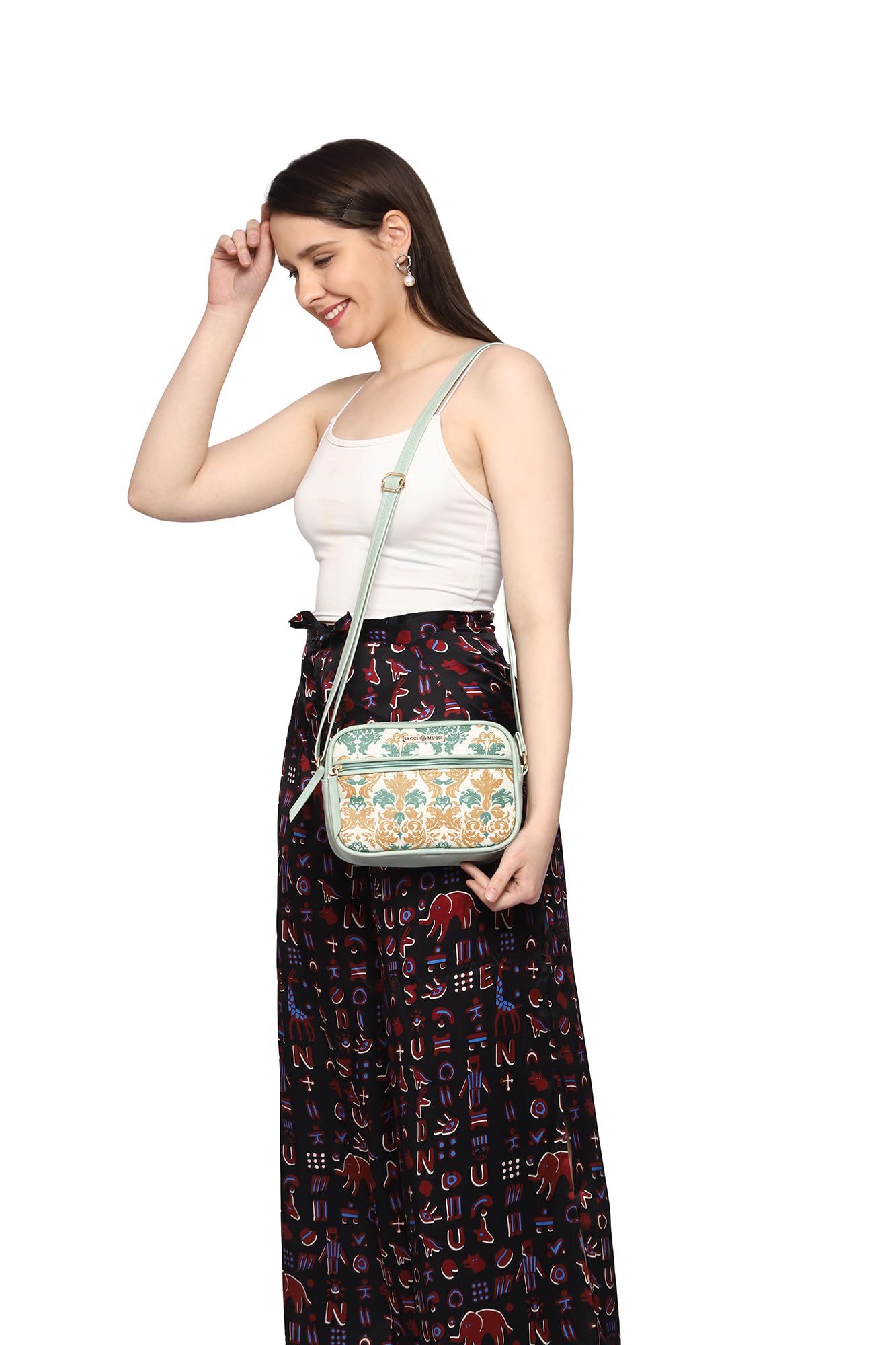 Saaci Mucci Handmade Vegan Leather Women's Sling Cross-Body Bags With Adjustable Shoulder Strap - Damask (Mint Green) - SaumyasStore