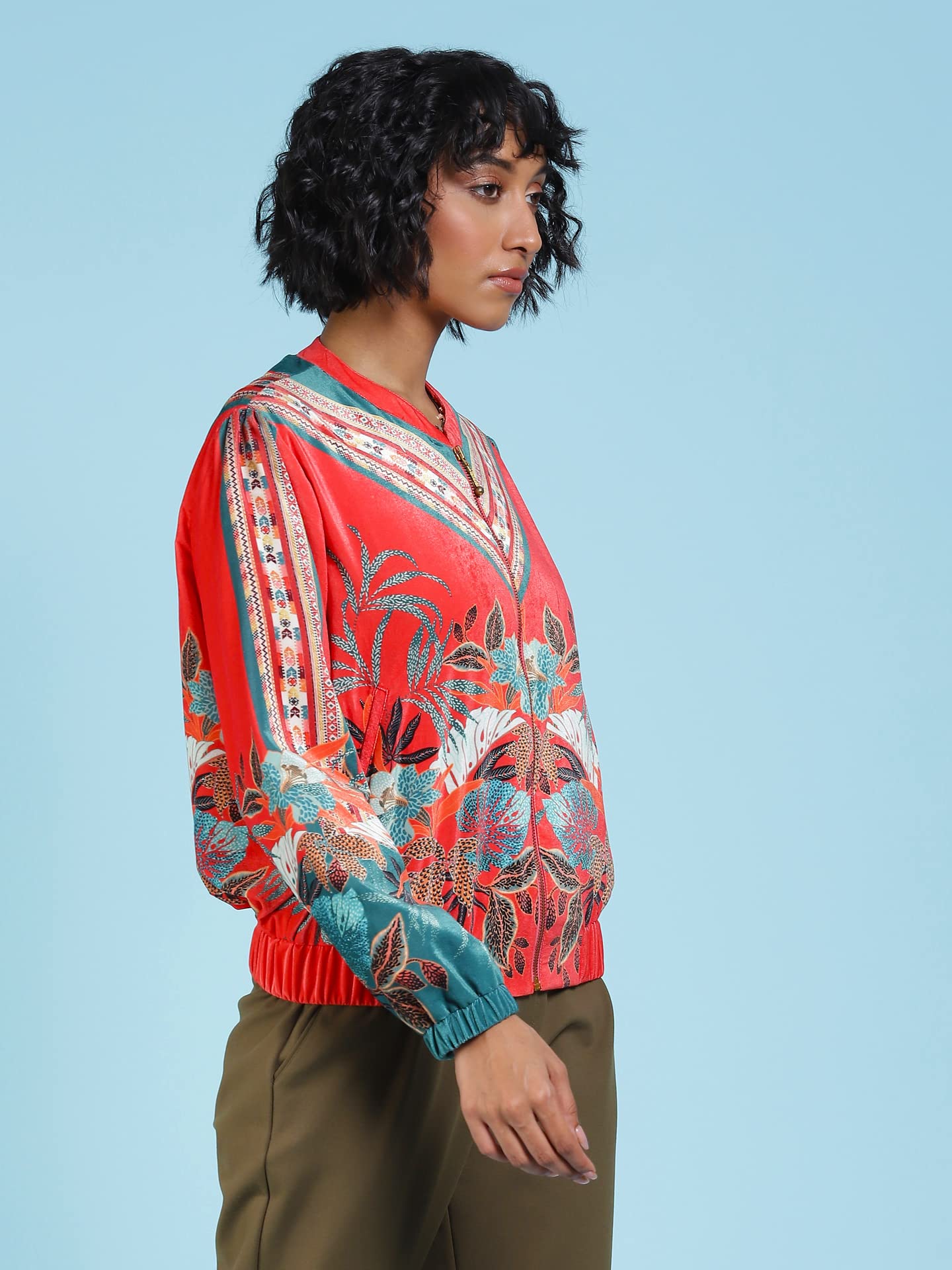 Label RITU KUMAR Women's Leaf Regular Jacket JKTVNS01N29270737-RED-M - SaumyasStore