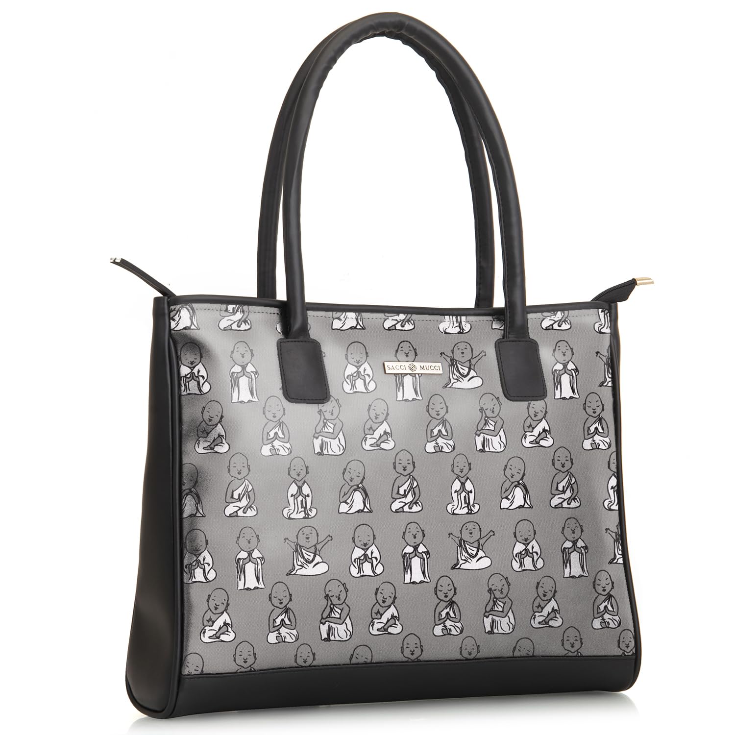 SACCI MUCCI Women's Tote Bag | Tote Bags For Women with Padded Laptop Compartment | Big Shoulder Bag for Office- Cute Monk Design Print (Black) - SaumyasStore