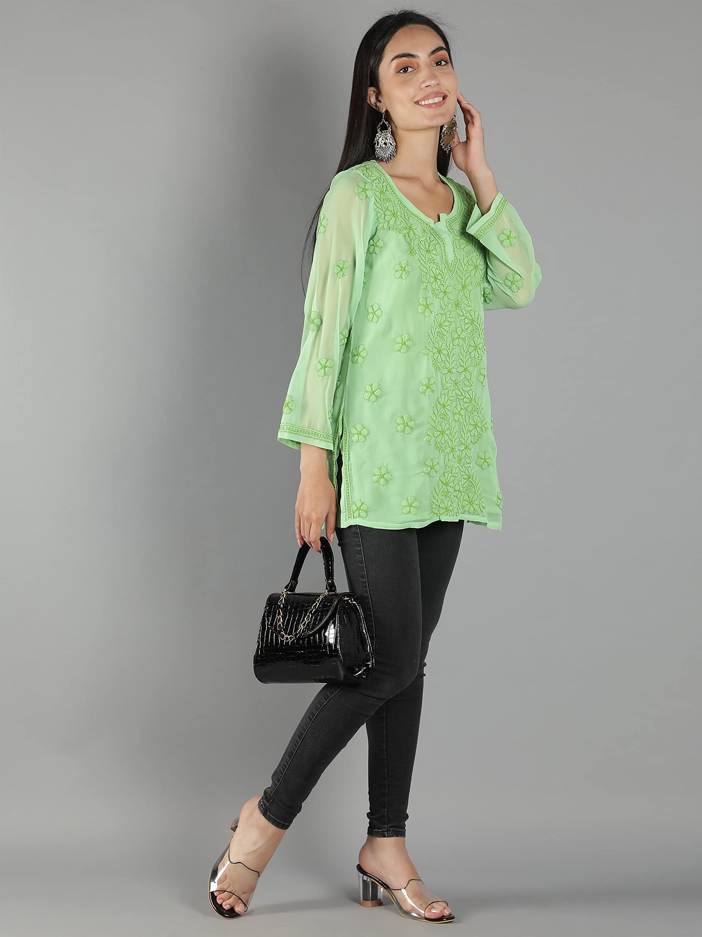 Seva Chikan Hand Embroidered Lucknowi Chikankari Green Georgette Short Top Tunic with Matching Inner Slip for Womens (Green) - SaumyasStore