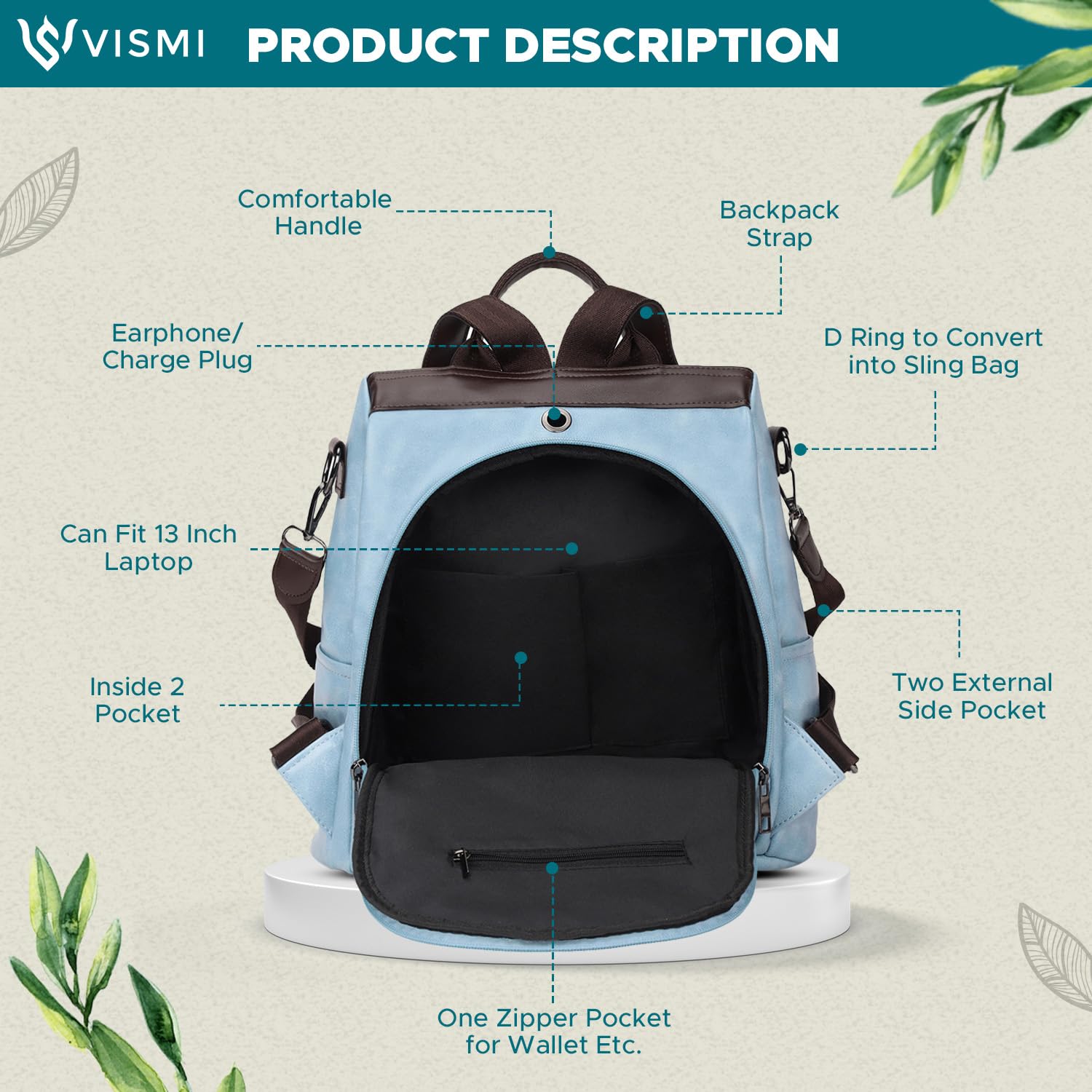 VISMIINTREND Stylish Leather Backpack Handbag Shoulder Sling Purse Bag for Women and Girl | College Bags for Girls | Belt | Travel | Work | Birthday Gift for Wife | Rakhi Gifts for Sisters | Bhabhi - SaumyasStore