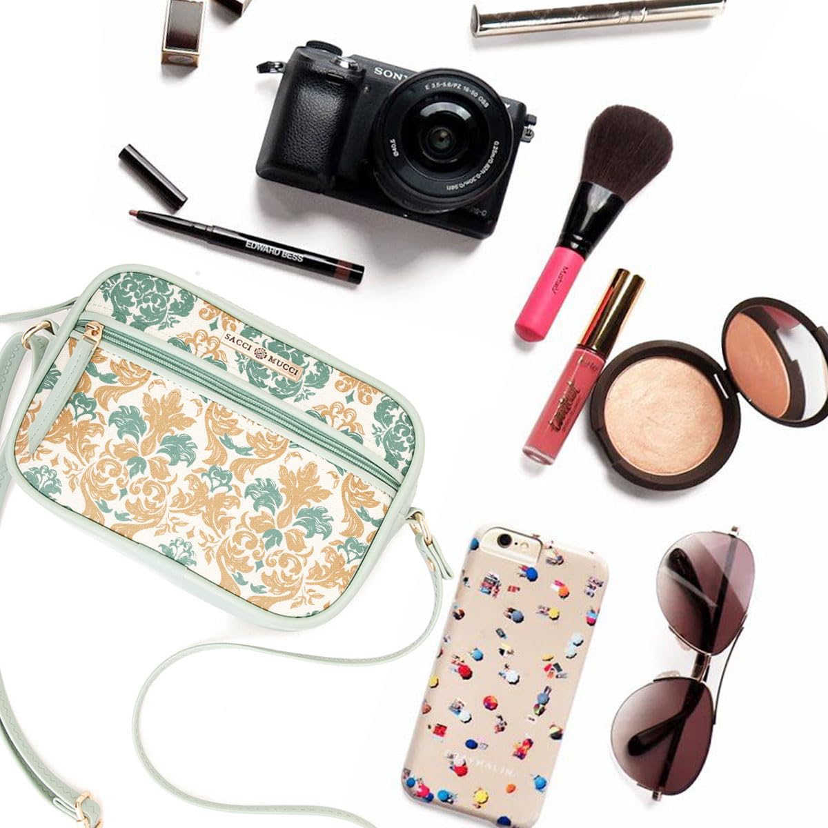 Saaci Mucci Handmade Vegan Leather Women's Sling Cross-Body Bags With Adjustable Shoulder Strap - Damask (Mint Green) - SaumyasStore