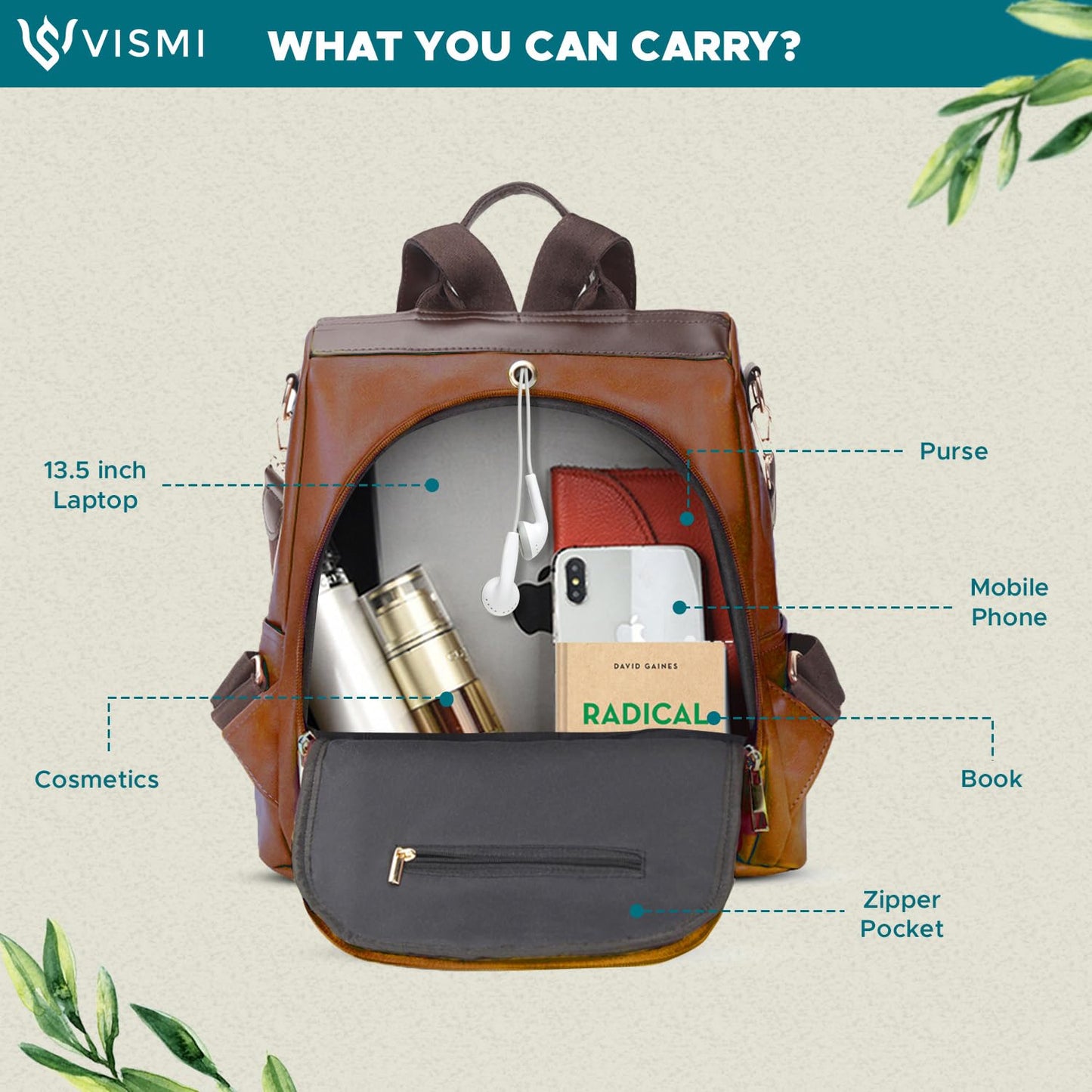 VISMIINTREND Stylish Leather Backpack Handbag Shoulder Sling Purse Bag for Women and Girls | College Bags | Belt | Travel | Work | Birthday Gift for Wife | Friend | Rakhi Gifts for Sister | Bhabhi - SaumyasStore