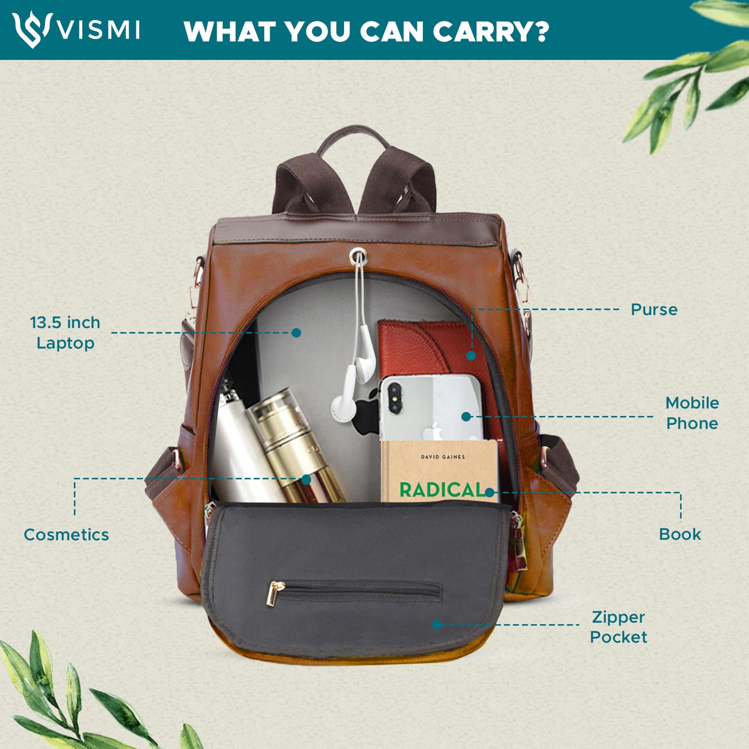 VISMIINTREND Stylish Leather Backpack Handbag Shoulder Sling Purse Bag for Women and Girls | College Bags | Belt | Travel | Work | Birthday Gift for Wife | Friend | Rakhi Gifts for Sister | Bhabhi - SaumyasStore