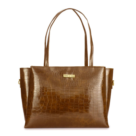 Horse and Hash Croco Pattern Tote Bags For Womens and Girls Shoulder Bag Extra Spacious (Tan) - SaumyasStore