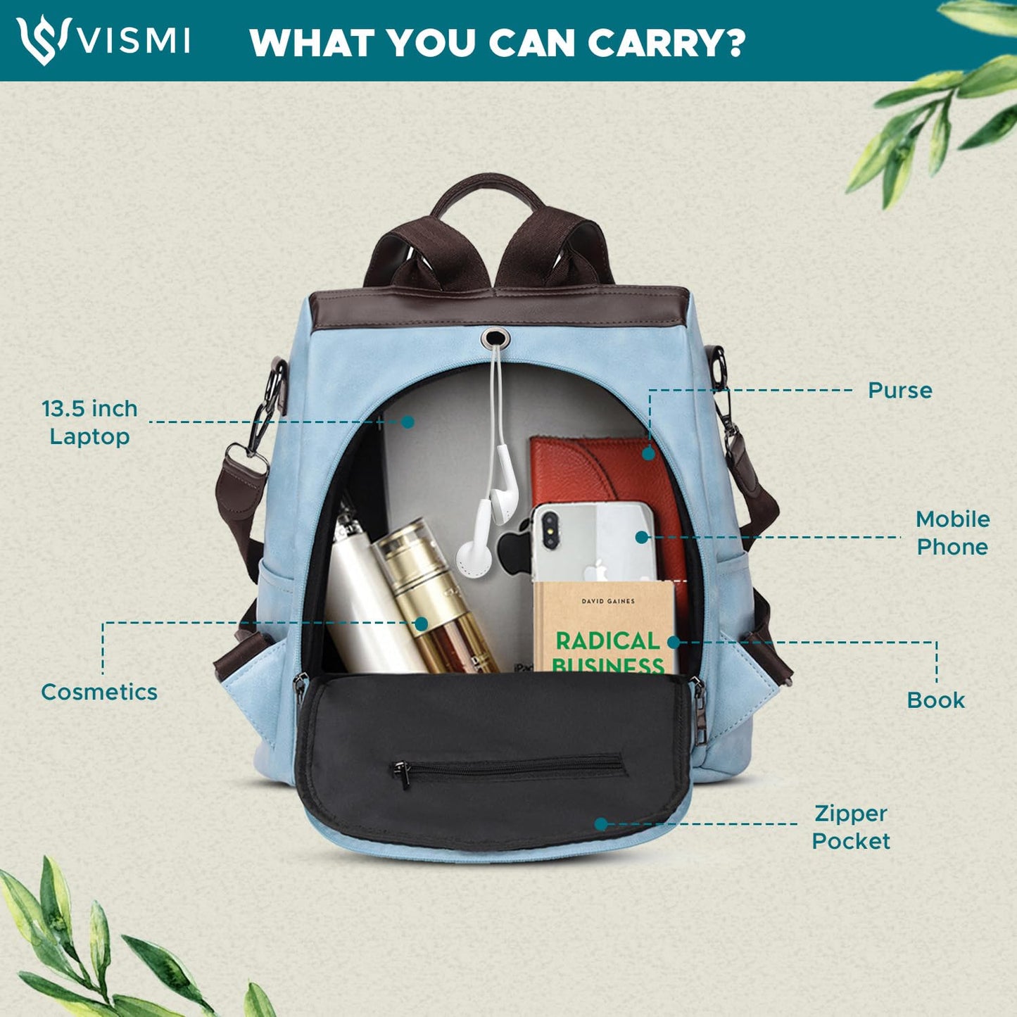 VISMIINTREND Stylish Leather Backpack Handbag Shoulder Sling Purse Bag for Women and Girl | College Bags for Girls | Belt | Travel | Work | Birthday Gift for Wife | Rakhi Gifts for Sisters | Bhabhi - SaumyasStore