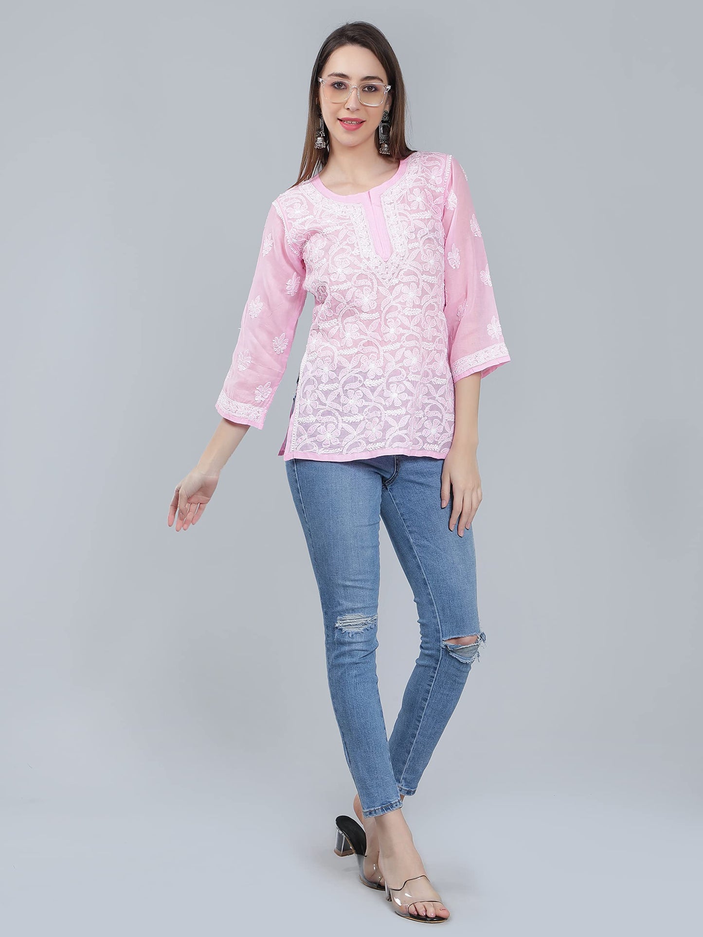 Seva Chikan Hand Embroidered Lucknowi Chikankari Pink Cotton Top Tunic for Women (Pink) - SaumyasStore