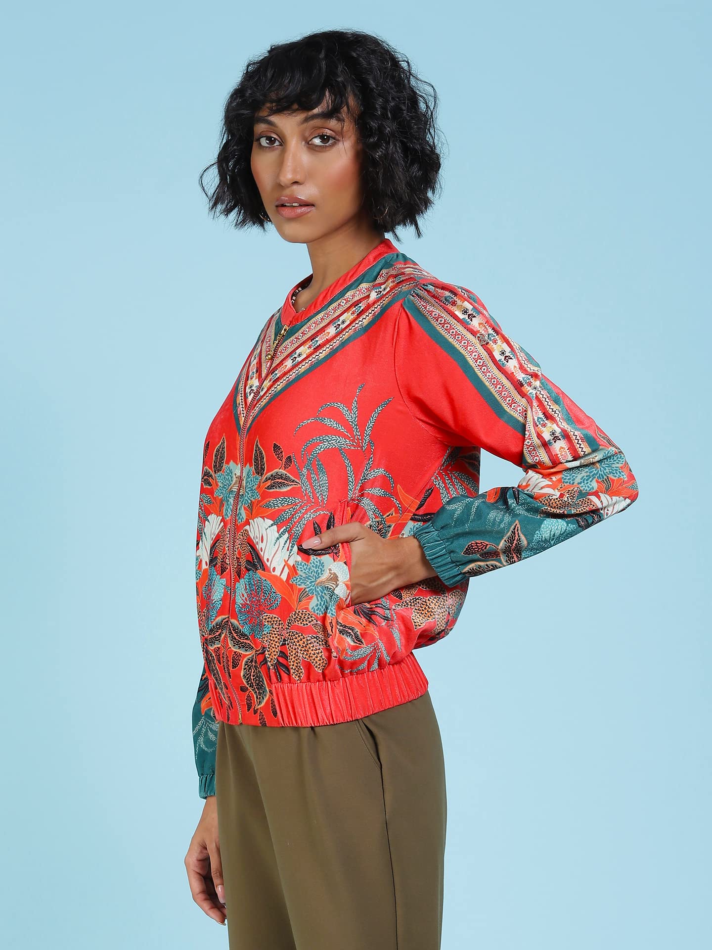 Label RITU KUMAR Women's Leaf Regular Jacket JKTVNS01N29270737-RED-M - SaumyasStore