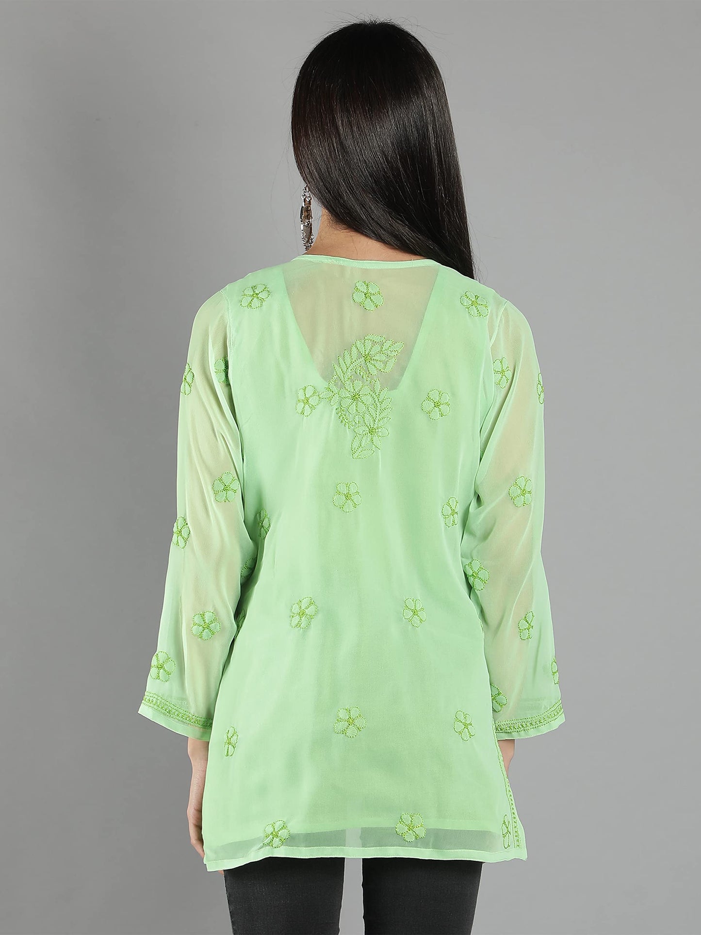 Seva Chikan Hand Embroidered Lucknowi Chikankari Green Georgette Short Top Tunic with Matching Inner Slip for Womens (Green) - SaumyasStore