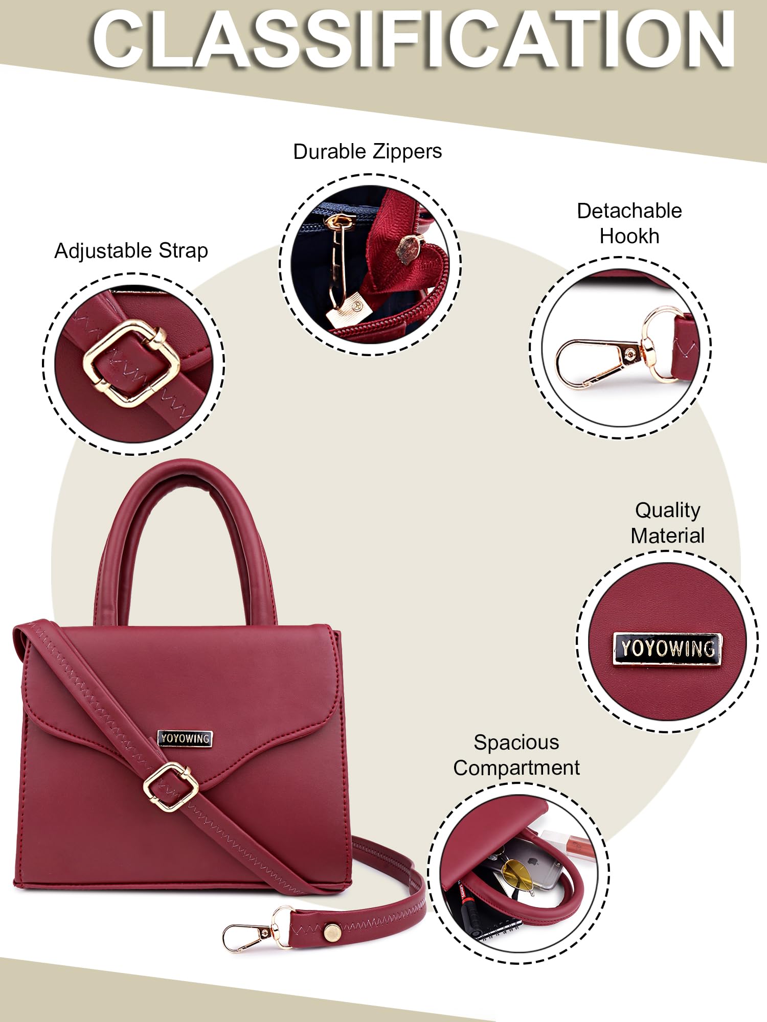 YOYOWING Hand bag for women Synthetic Leather Cross body Ladies sling purse travel shoulder strap (Cherry) - SaumyasStore