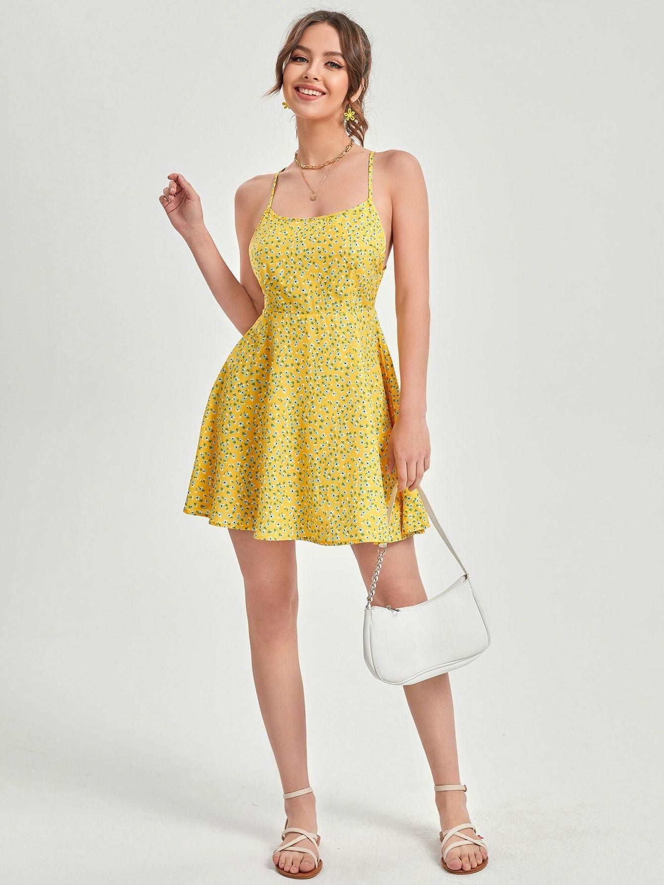 AAHWAN Women's Yellow Floral Print Back Crisscross Mini Short Dress - SaumyasStore