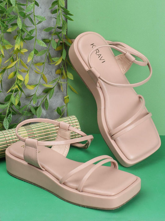 Kiravi Front Double Strap Beige Sandals - SaumyasStore