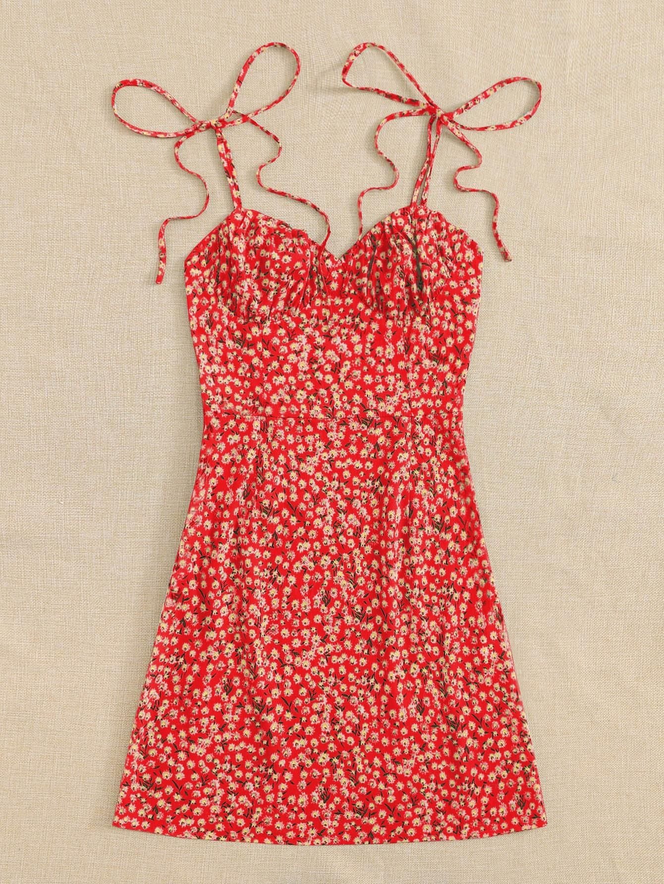 AAHWAN Women's Red Ditsy Floral Print Flared Mini Short Dress - SaumyasStore