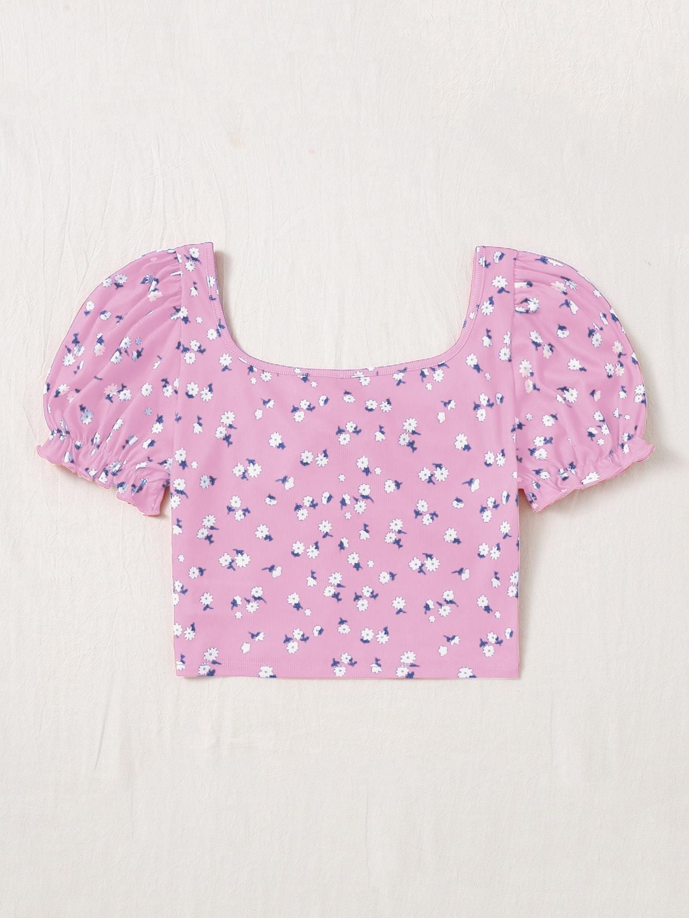 AAHWAN Puff Sleeves Floral Print Crop Top For Women's - SaumyasStore