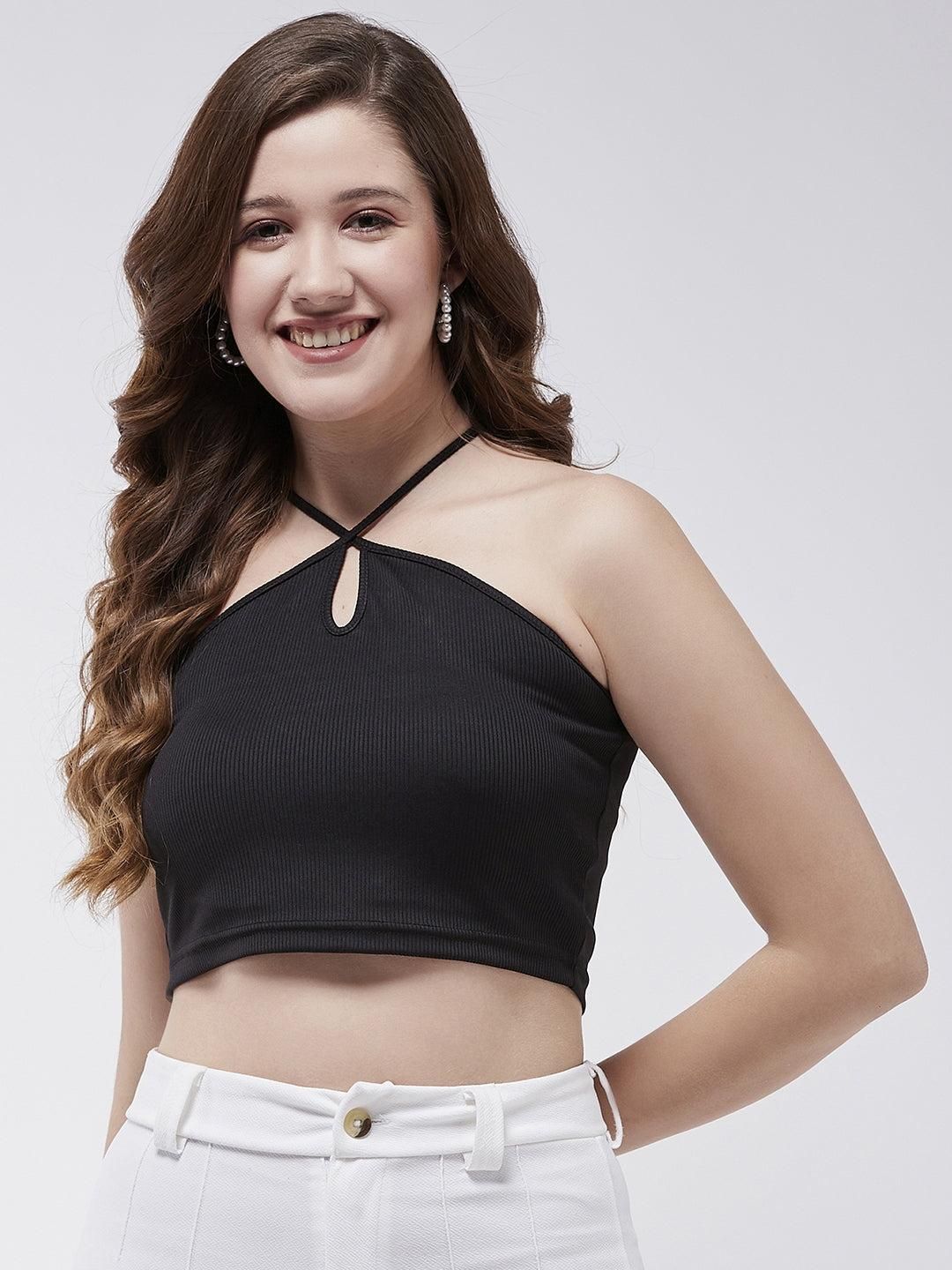 Solid Halter Neck Rib Crop Top For Women's - SaumyasStore
