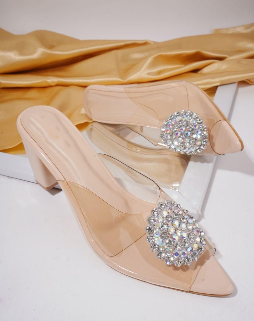 Transparent Block Heel Stone Studded Sandal For Women's - SaumyasStore