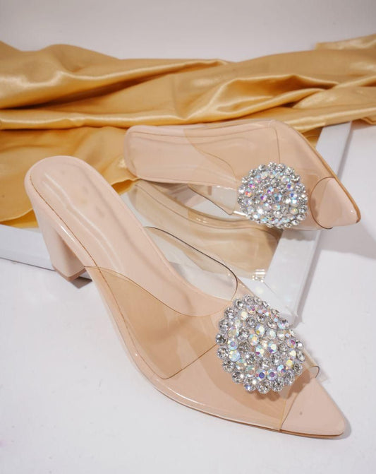 Transparent Block Heel Stone Studded Sandal For Women's - SaumyasStore