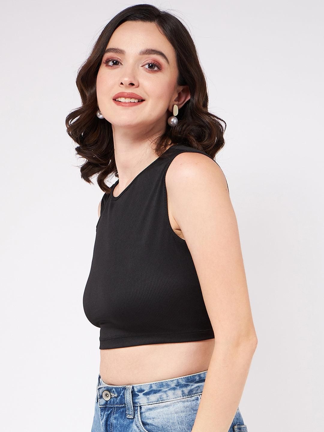 Solid Shoulder Cut-Out Rib Crop Top For Women's - SaumyasStore