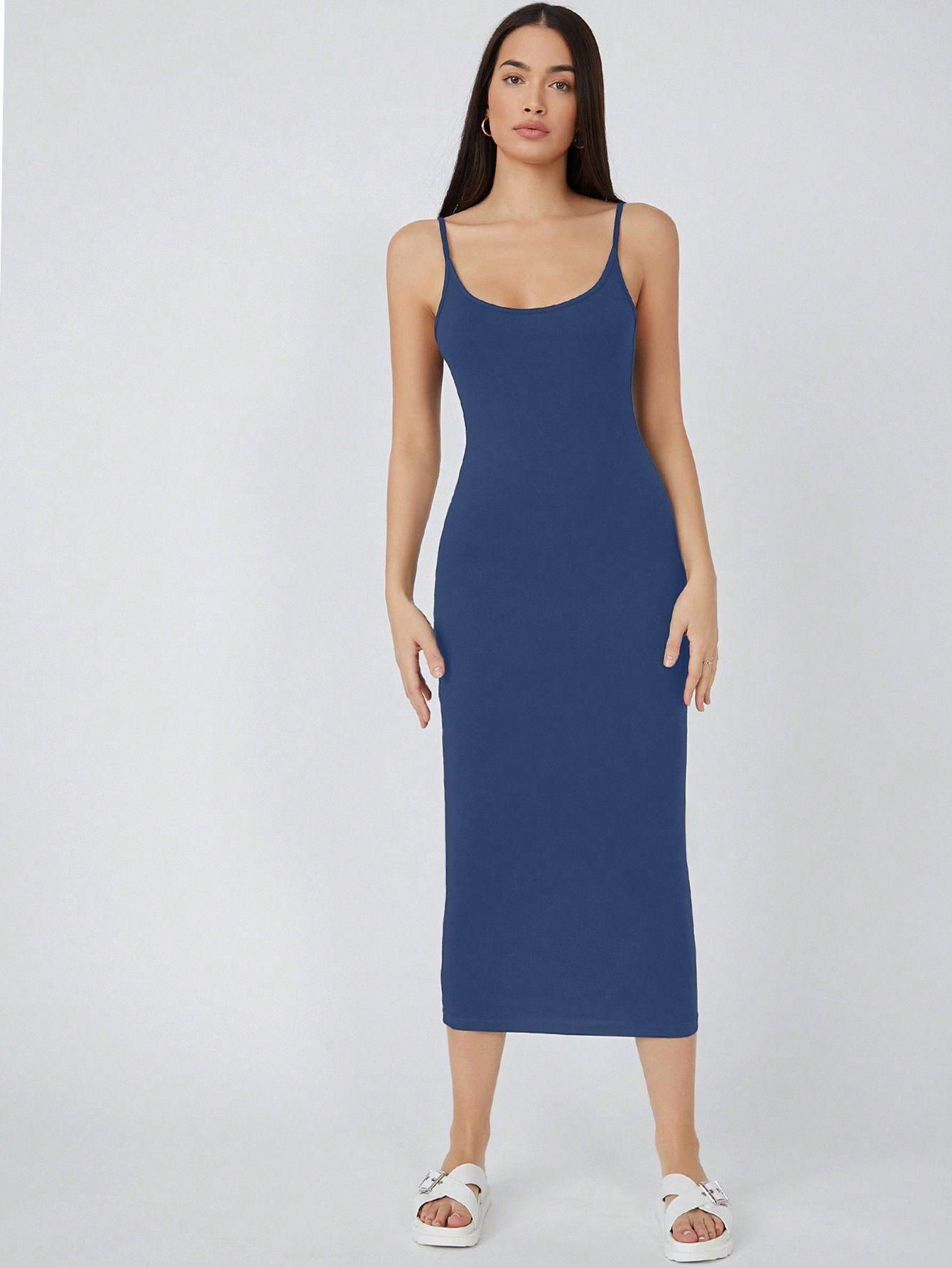 AAHWAN Women's Blue Solid Bodycon Midi Dress - SaumyasStore