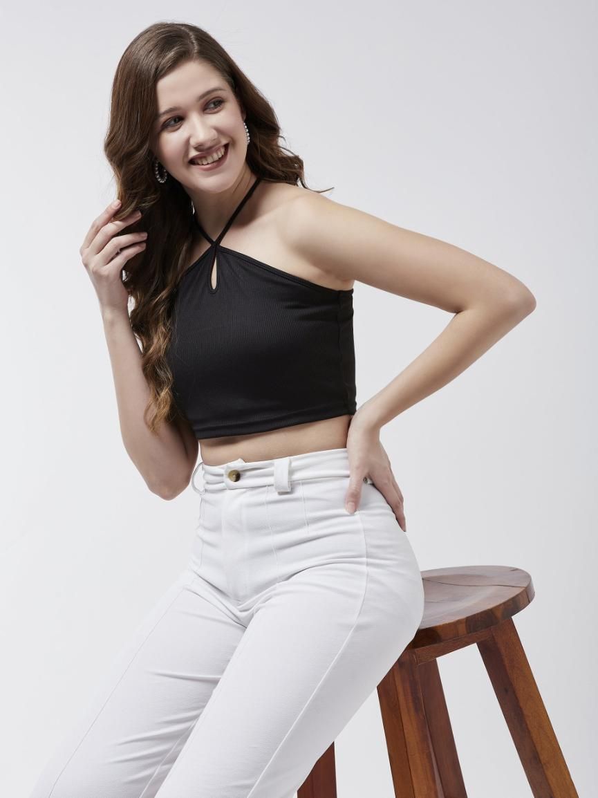 Solid Halter Neck Rib Crop Top For Women's - SaumyasStore