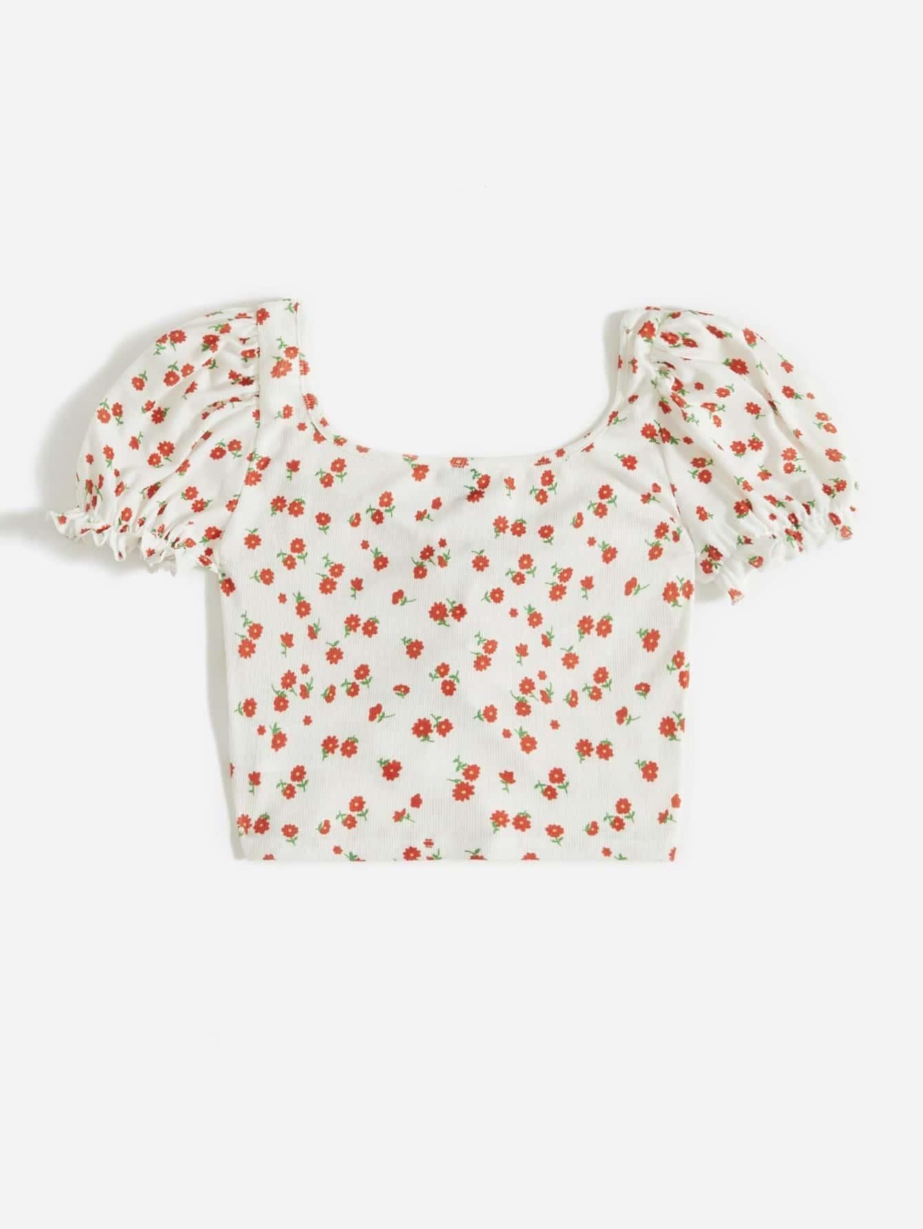 AAHWAN Puff Sleeves Floral Print Crop Top For Women's - SaumyasStore