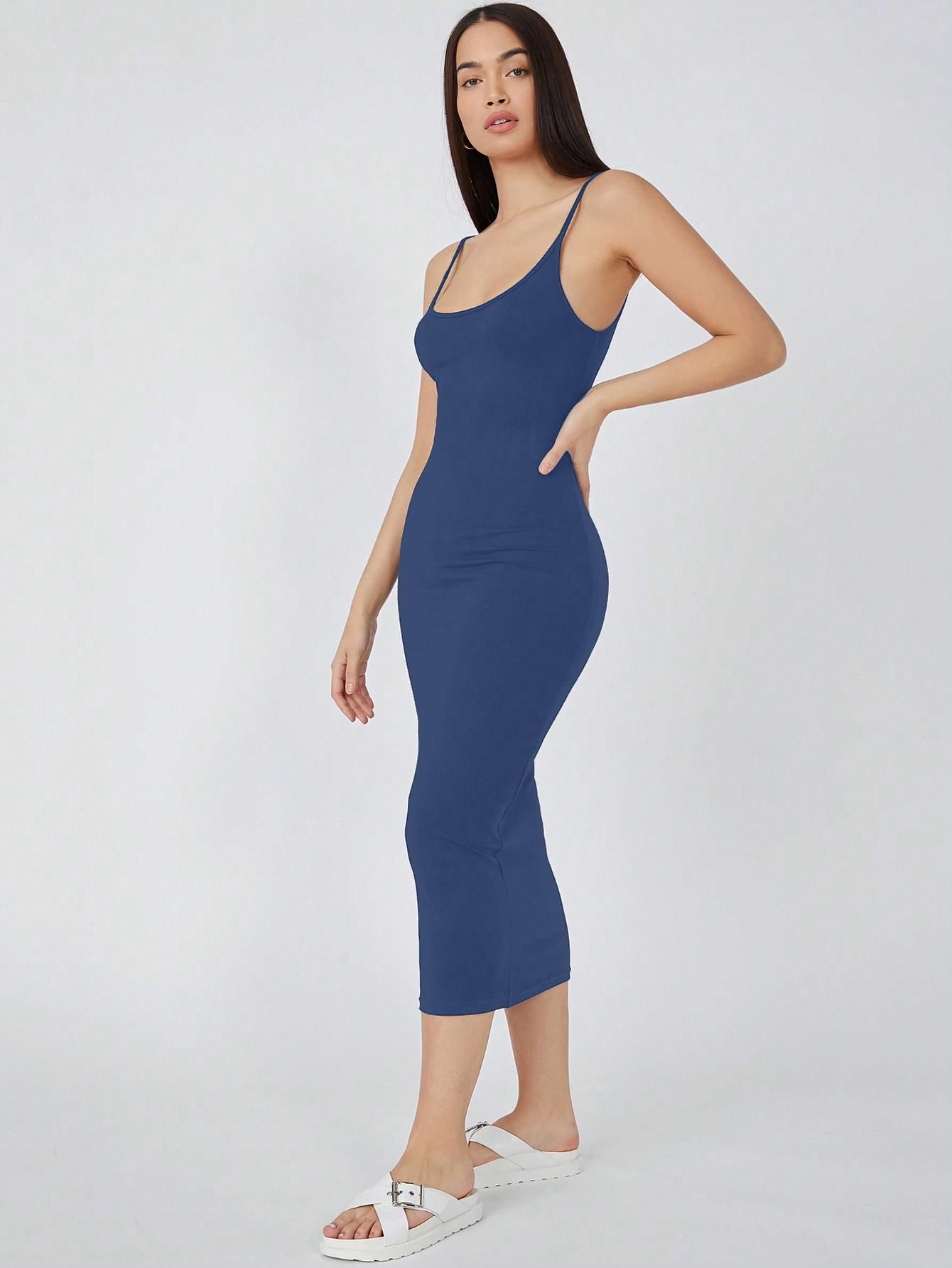 AAHWAN Women's Blue Solid Bodycon Midi Dress - SaumyasStore