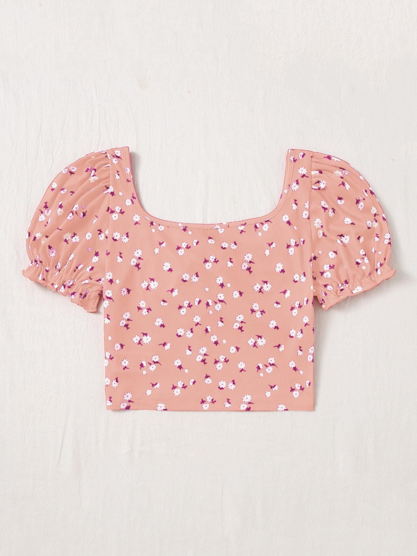 AAHWAN Puff Sleeves Floral Print Crop Top For Women's - SaumyasStore