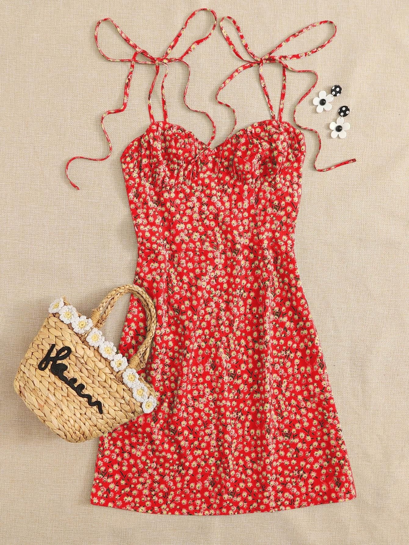 AAHWAN Women's Red Ditsy Floral Print Flared Mini Short Dress - SaumyasStore