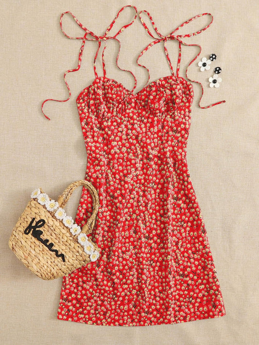 AAHWAN Women's Red Ditsy Floral Print Flared Mini Short Dress - SaumyasStore