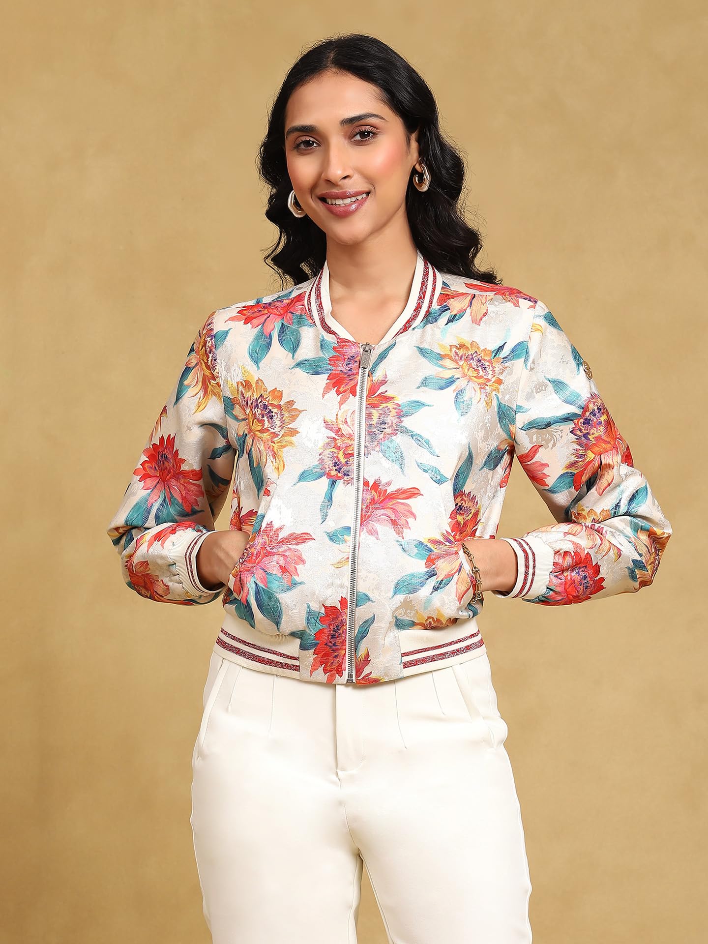 Label RITU KUMAR White Floral Jacquard Jacket - SaumyasStore