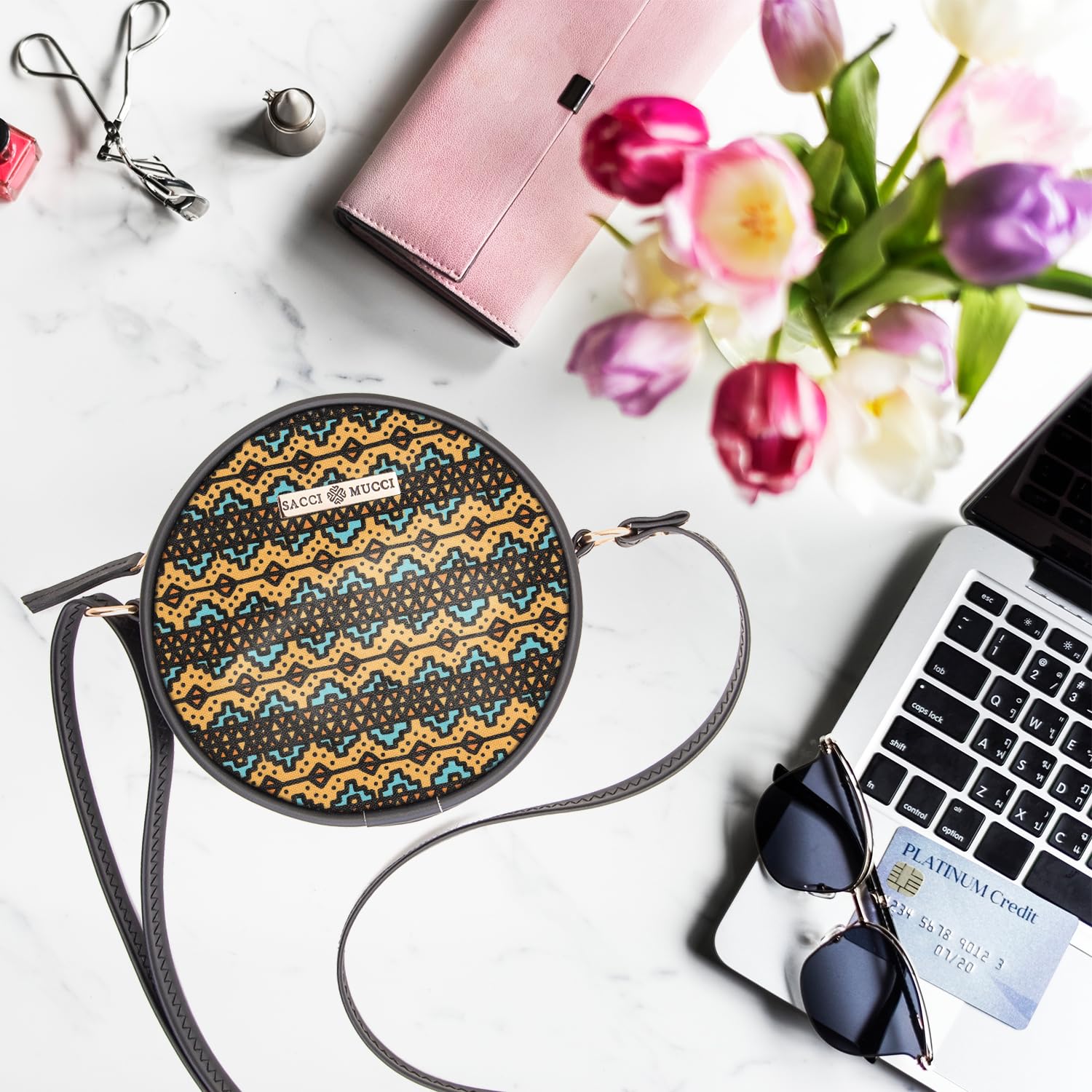 SACCI MUCCI Round Sling Bag, Printed Sling Bag For Girls, Women Sling Bag, Crossbody Bag For Women, gifts for women/Girls -EthnicTraditional Print (Black) - SaumyasStore